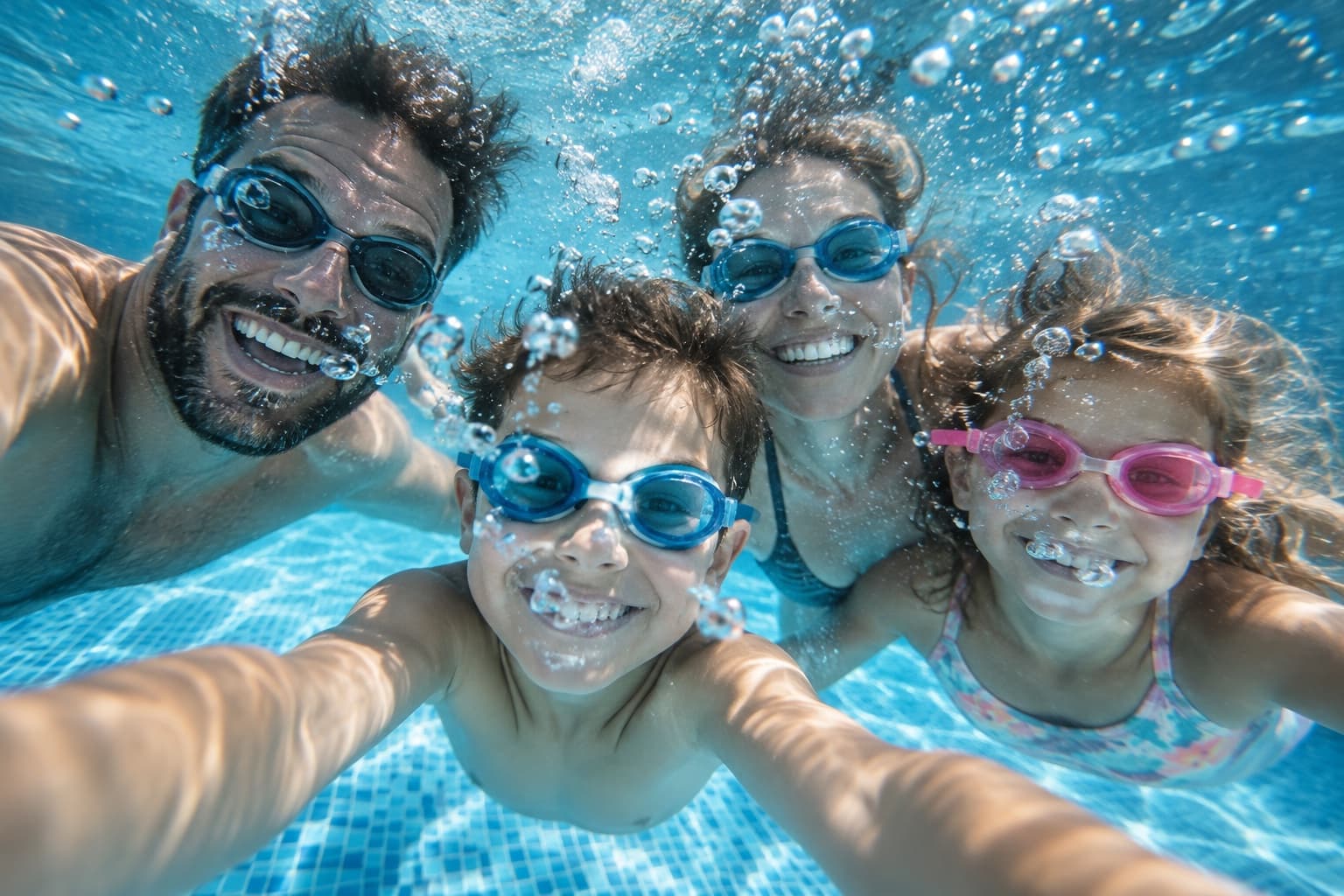 Una familia sonriendo bajo el agua en la piscina de Armanello